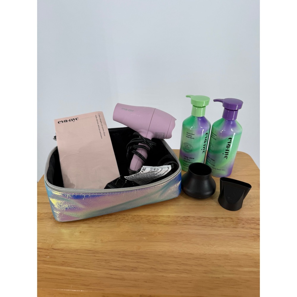Eva NYC Pink Mini Hair Dryer Lazy Jane Air Dry Shampoo Conditioner Travel Set